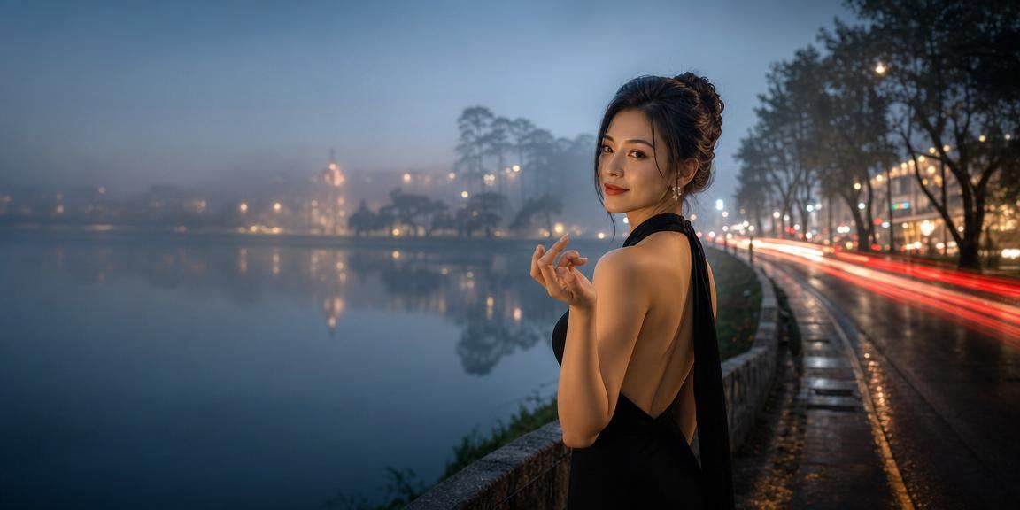 Khung cảnh ban đêm Đà Lạt với ánh đèn neon và người chơi game trực tuyến