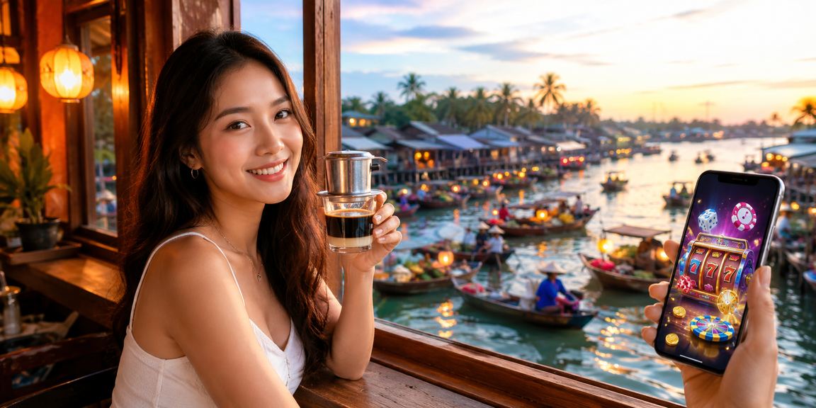 Người dùng chơi casino trực tuyến trên điện thoại bên tách cà phê tại Phú Quốc