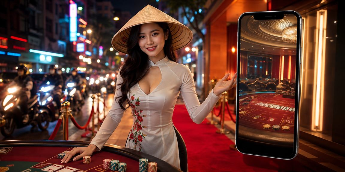Không gian giải trí cá cược Việt Nam với giao diện di động và ánh đèn neon